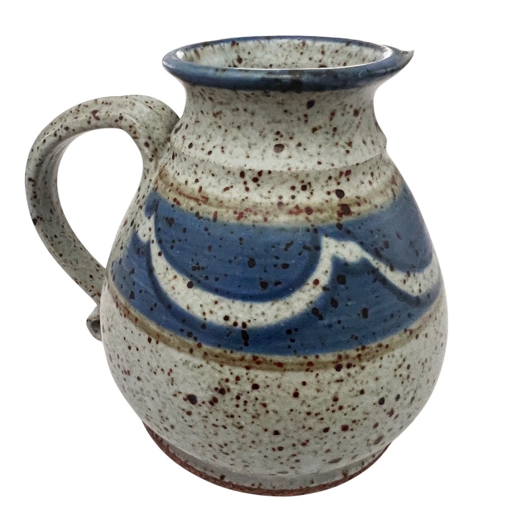 Vintage Studio Pottery Pitcher Handcrafted Blue Wave Speckled Stoneware Creamer